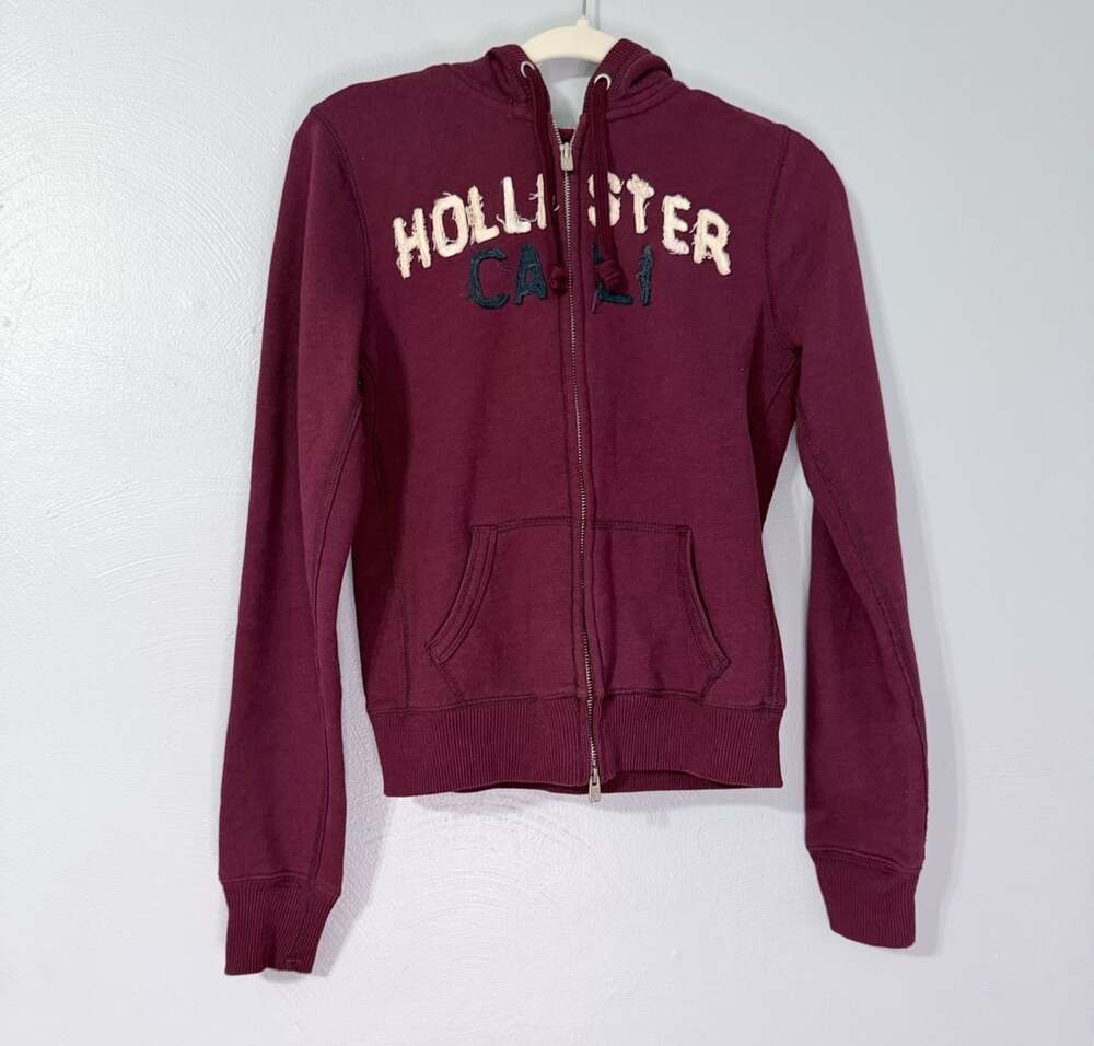 Hollister Vintage Y2K Full Zip Hoodie Maroon Fleece Lined California Graphic L